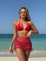 Red Bikini Skirt Beach Cover Up Three Piece Set Red