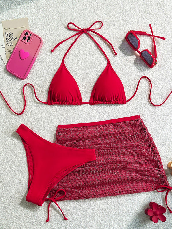 Red Bikini Skirt Beach Cover Up Three Piece Set