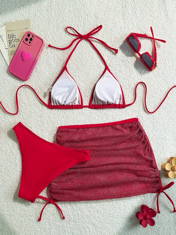 Red Bikini Skirt Beach Cover Up Three Piece Set