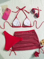 Red Bikini Skirt Beach Cover Up Three Piece Set