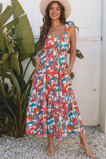Red Boho Floral Ruffled Strap V Neck Maxi Dress Red 92%Polyester+8%Elastane