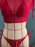 Red Side Tie Bikini & Mini Top Three Piece Set