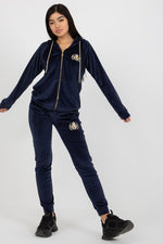 Relevance Ladies’ Velour Loungewear Set with Embroidered Sweatshirt and Tie-Waist Pants navy blue S M