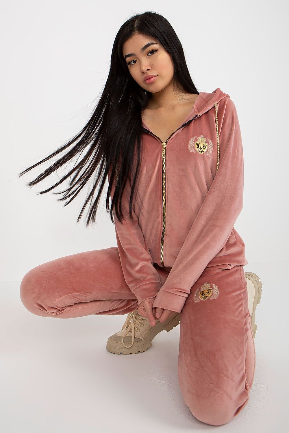Relevance Ladies’ Velour Loungewear Set with Embroidered Sweatshirt and Tie-Waist Pants