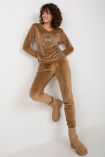 Relevance Velour Loungewear Set with Heart Neckline Blouse and Tie-Waist Pants brown S M