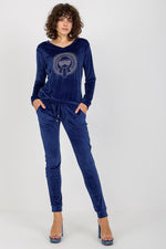 Relevance Velour Loungewear Set with Heart Neckline Blouse and Tie-Waist Pants blue S M