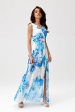 Roco Fashion Charlotte Patterned Chiffon Maxi Dress with Back Cutout multicolor