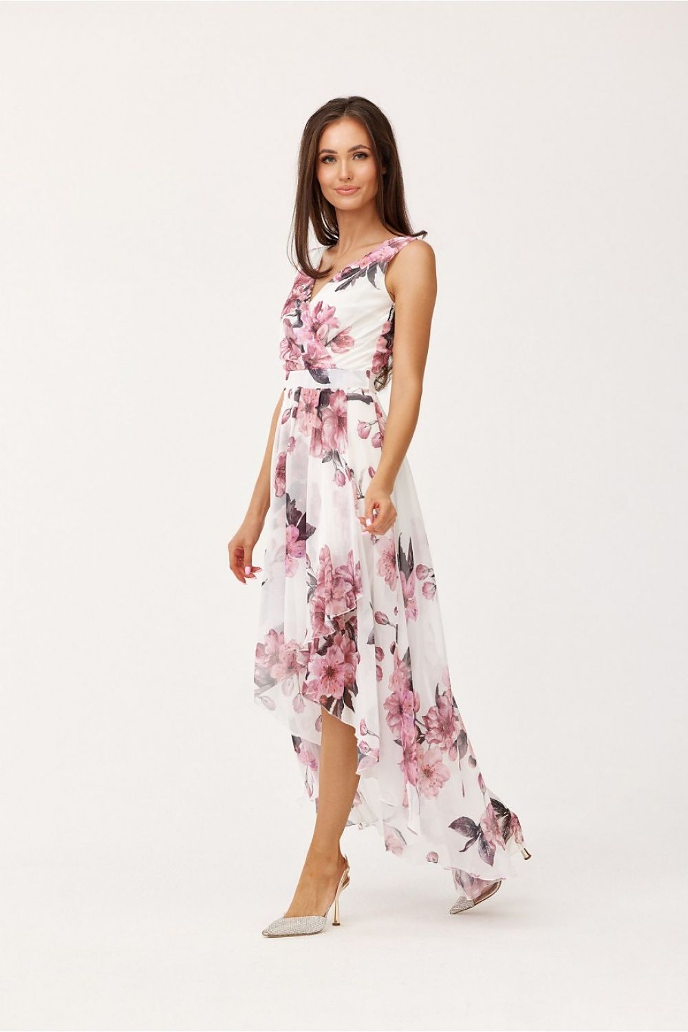 Roco Fashion Chiffon Floral Maxi Cocktail Dress with Envelope Neckline