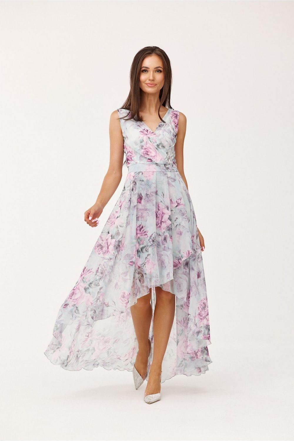 Roco Fashion Chiffon Floral Maxi Cocktail Dress with Envelope Neckline grey