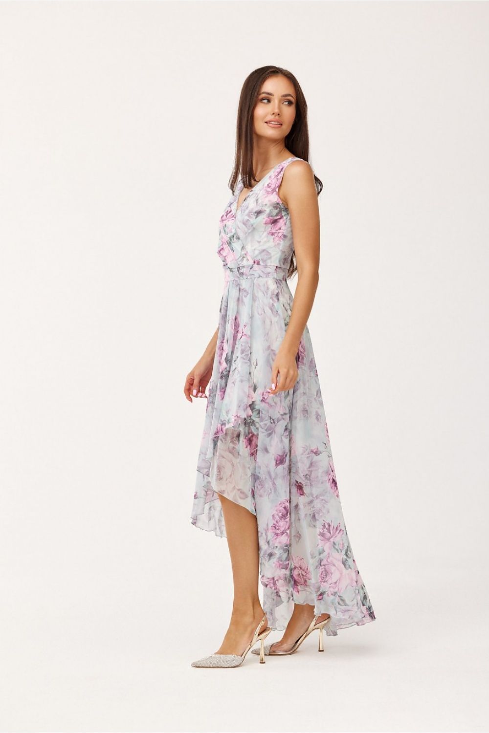 Roco Fashion Chiffon Floral Maxi Cocktail Dress with Envelope Neckline