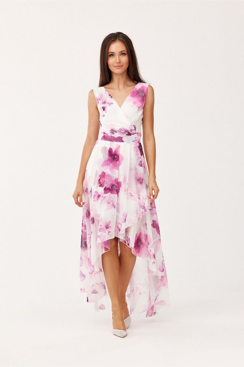 Roco Fashion Chiffon Floral Maxi Cocktail Dress with Envelope Neckline pink