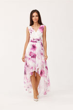 Roco Fashion Chiffon Floral Maxi Cocktail Dress with Envelope Neckline pink