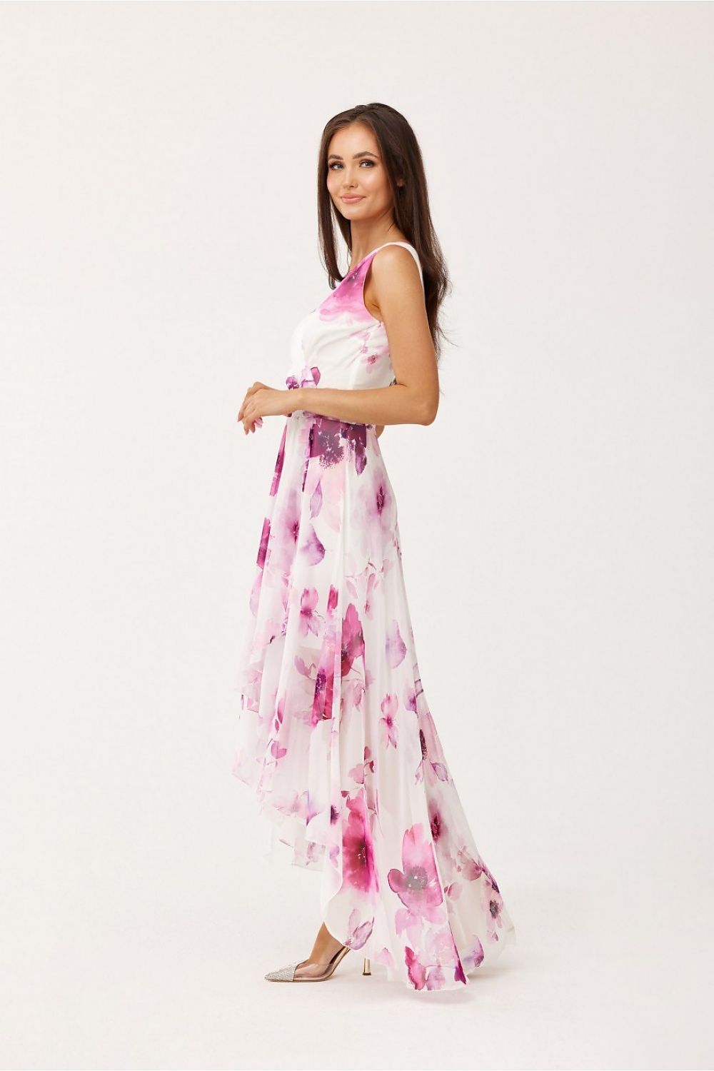 Roco Fashion Chiffon Floral Maxi Cocktail Dress with Envelope Neckline