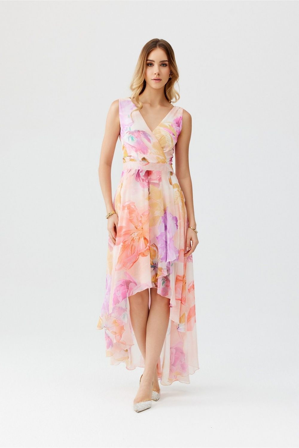 Roco Fashion Chiffon Floral Maxi Cocktail Dress with Envelope Neckline