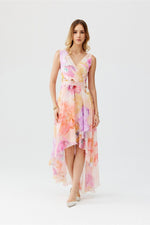 Roco Fashion Chiffon Floral Maxi Cocktail Dress with Envelope Neckline