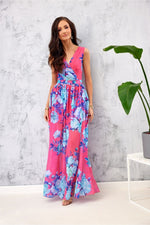 Roco Fashion Floral Chiffon Maxi Daydress with Envelope Neckline pink