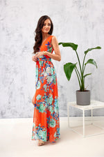Roco Fashion Floral Chiffon Maxi Daydress with Envelope Neckline orange