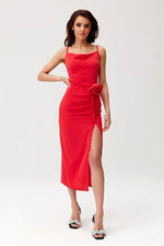 Roco Fashion Maribel Rose Belt Ruched Waist Cocktail Evening Dress Red