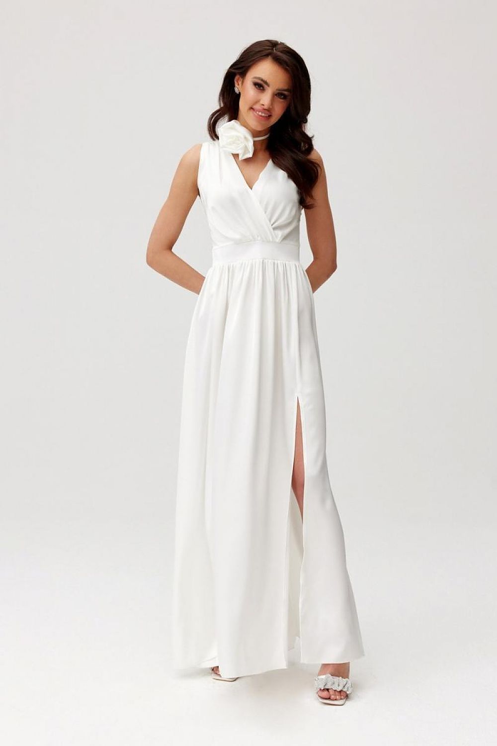 Roco Fashion Paloma Satin Maxi Cocktail Dress with Back Cutout beige