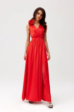 Roco Fashion Paloma Satin Maxi Cocktail Dress with Back Cutout red