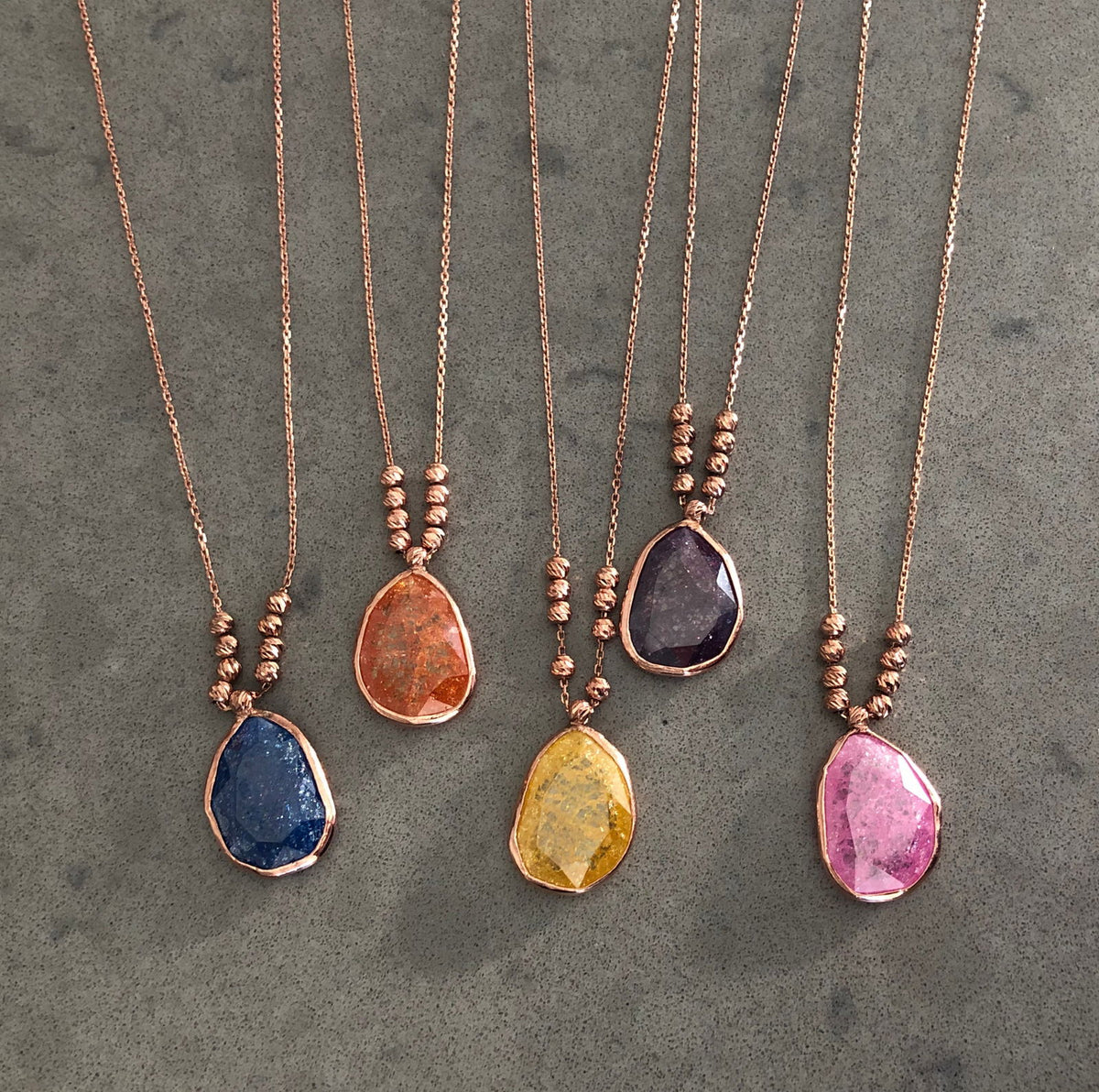 Rose Gold Plated Natural Stone Necklace with 8 Silver Beads