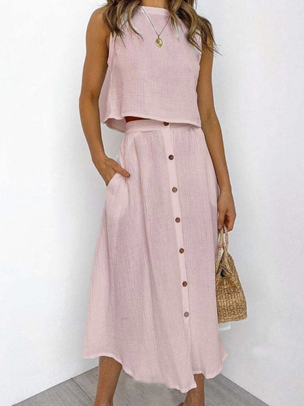 Round Neck Tank Mid-length Two-Piece Skirt Top Co-ord Pink