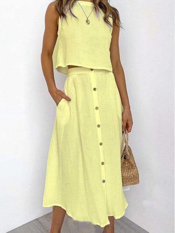Round Neck Tank Mid-length Two-Piece Skirt Top Co-ord Yellow