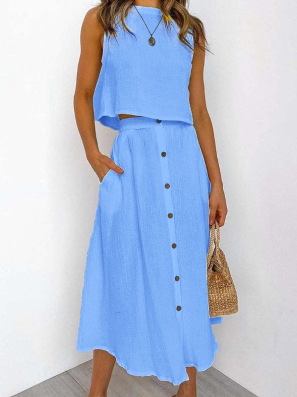 Round Neck Tank Mid-length Two-Piece Skirt Top Co-ord Blue