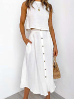 Round Neck Tank Mid-length Two-Piece Skirt Top Co-ord White