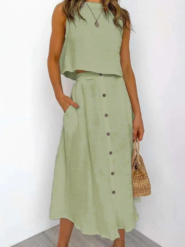 Round Neck Tank Mid-length Two-Piece Skirt Top Co-ord Green
