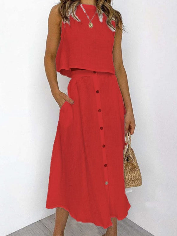 Round Neck Tank Mid-length Two-Piece Skirt Top Co-ord Red