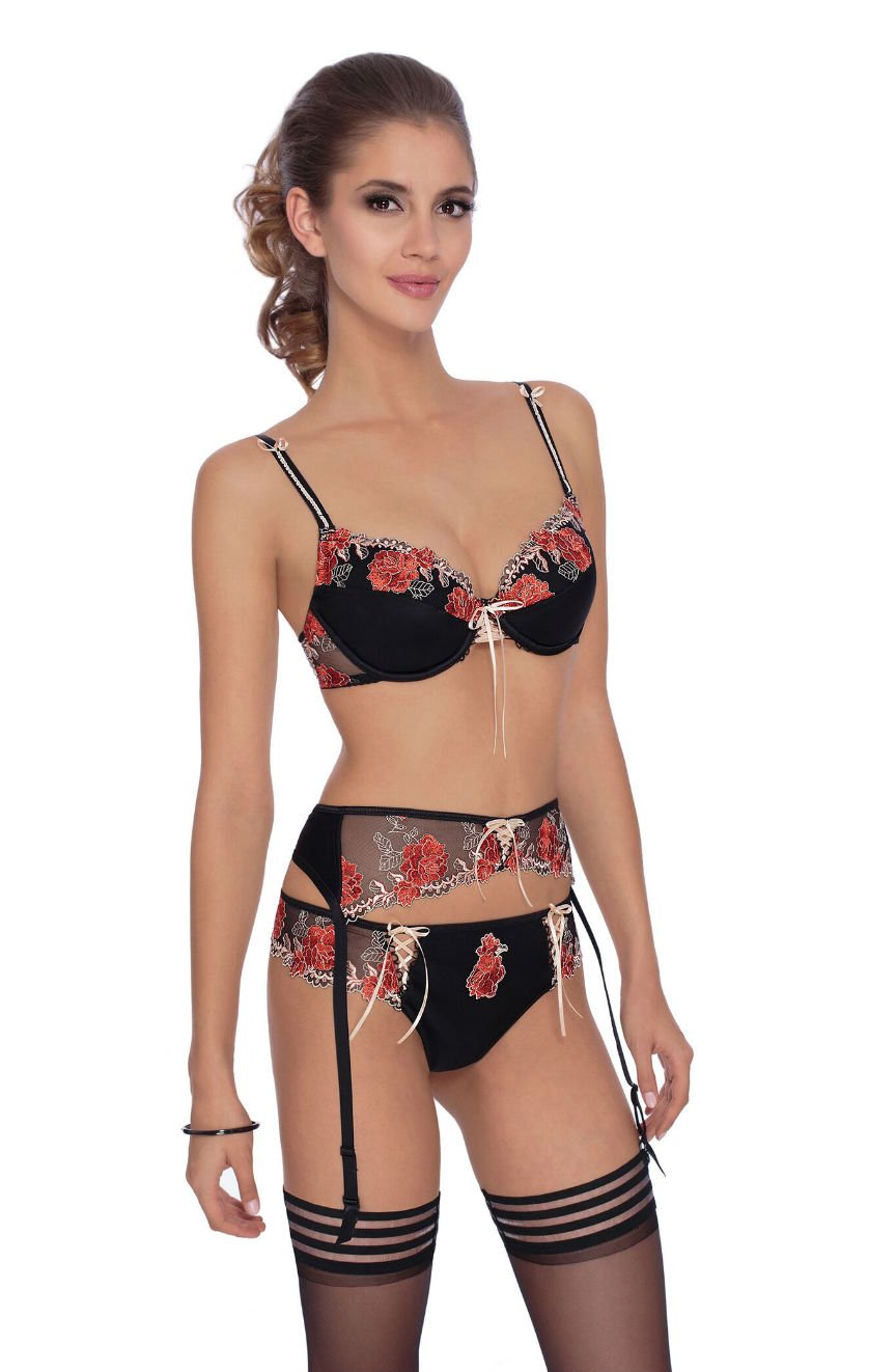 Roza Natali Black & Red Floral Embroidered Thong