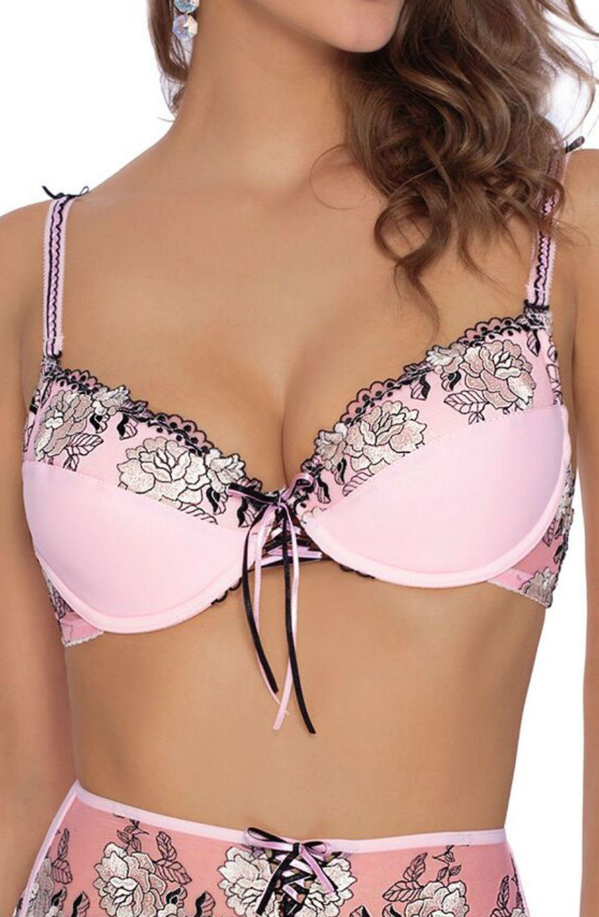 Roza Natali Pink Floral Embroidered Lace Up Bra