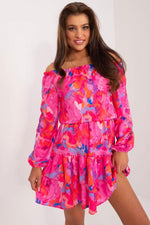 Rue Paris Floral Mini Daydress with Buffet Sleeves and Ruffled Hem pink