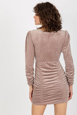 Rue Paris Velour Long-Sleeve Evening Dress with Decorative Creases