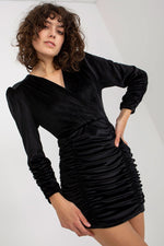 Rue Paris Velour Long-Sleeve Evening Dress with Decorative Creases black