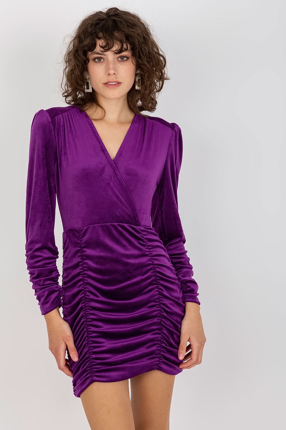 Rue Paris Velour Long-Sleeve Evening Dress with Decorative Creases violet