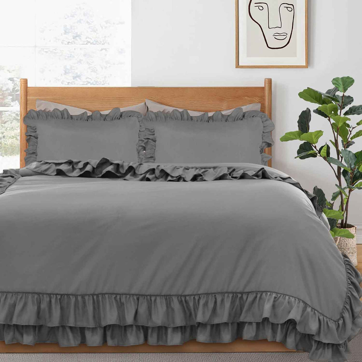 Ruffled Borders Duvet Cover Set Grey Super King