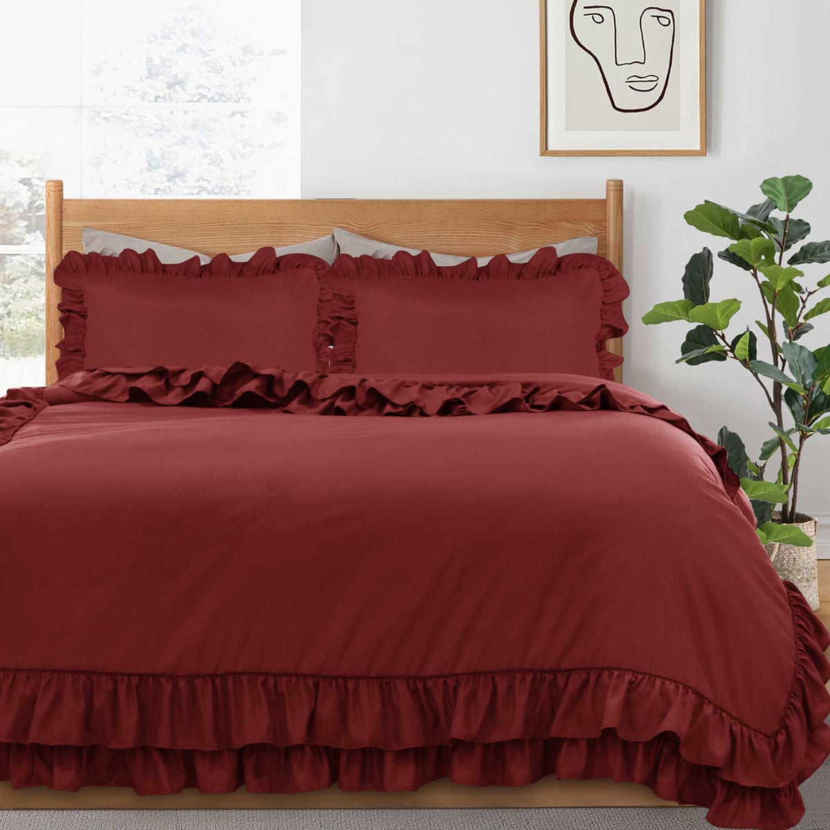 Ruffled Borders Duvet Cover Set Burgundy Super King
