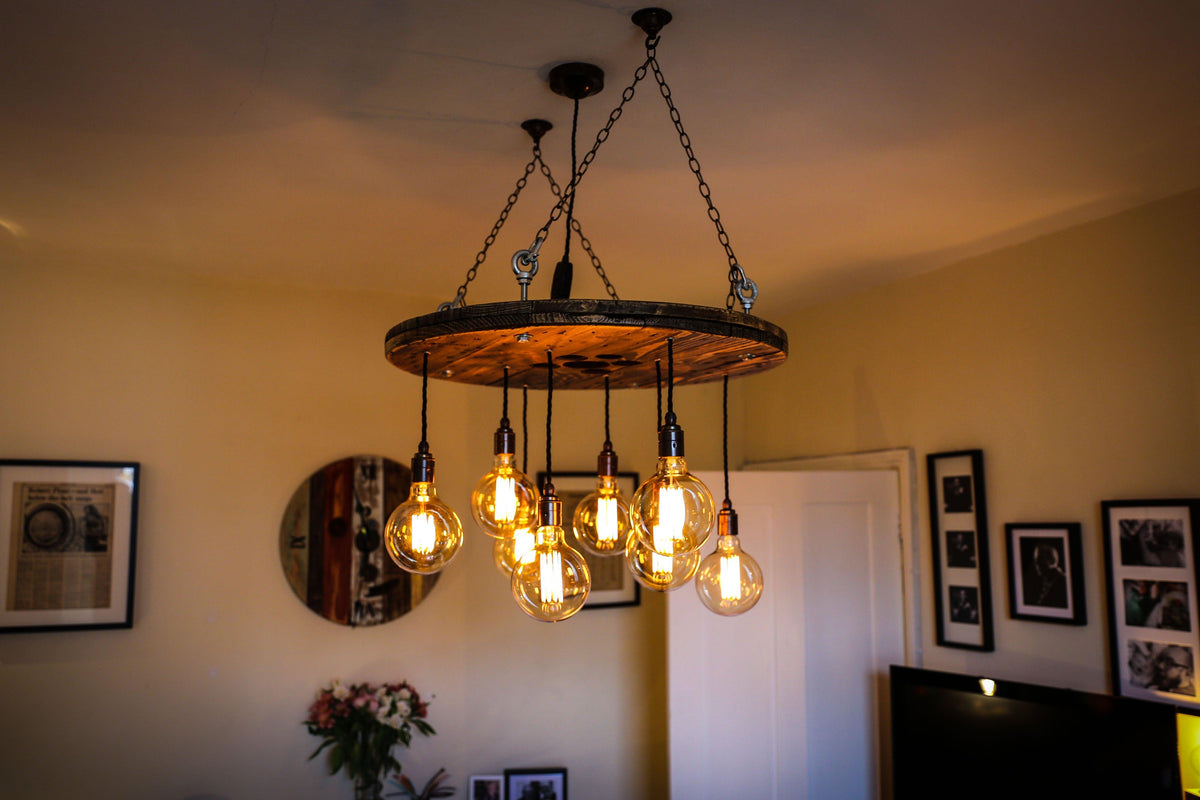 Rustic Industrial Cable Reel Cascade Chandelier