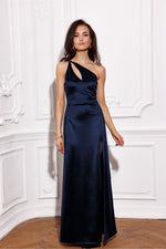 Satin Asymmetric Cut Long Maxi Occasion Dress | Roco Fashion navy blue