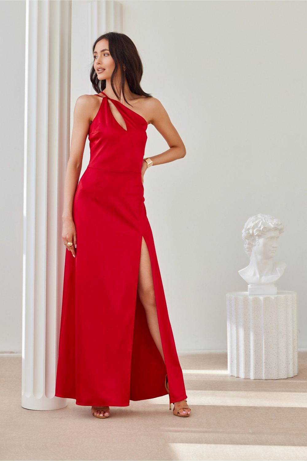 Satin Asymmetric Cut Long Maxi Occasion Dress | Roco Fashion red