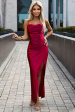 Satin Side Slit Evening Long Dress | Numoco red 2
