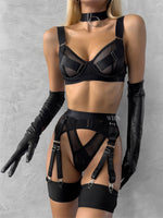 SATISFACTION Black 4 Piece Lace & Straps Lingerie Set