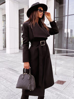 Women's Belted V-Neck Long-Sleeved Woolen Coat Black
