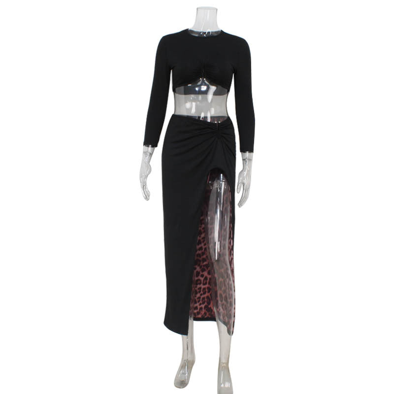 Sexy Navel Leopard Print Long Sleeve Long Skirt Top Co-ord Set Black