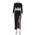 Sexy Navel Leopard Print Long Sleeve Long Skirt Top Co-ord Set Black