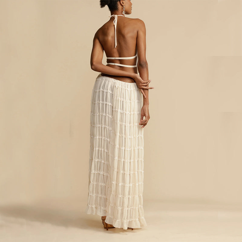 Sexy Sleeveless Backless Cropped Halter Top Pleated Long Skirt & Top Co-ord Set