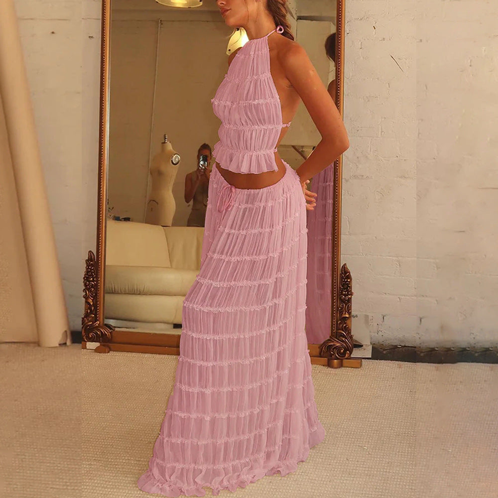 Sexy Sleeveless Backless Cropped Halter Top Pleated Long Skirt & Top Co-ord Set Pink