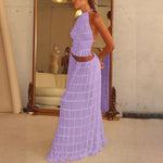 Sexy Sleeveless Backless Cropped Halter Top Pleated Long Skirt & Top Co-ord Set Purple
